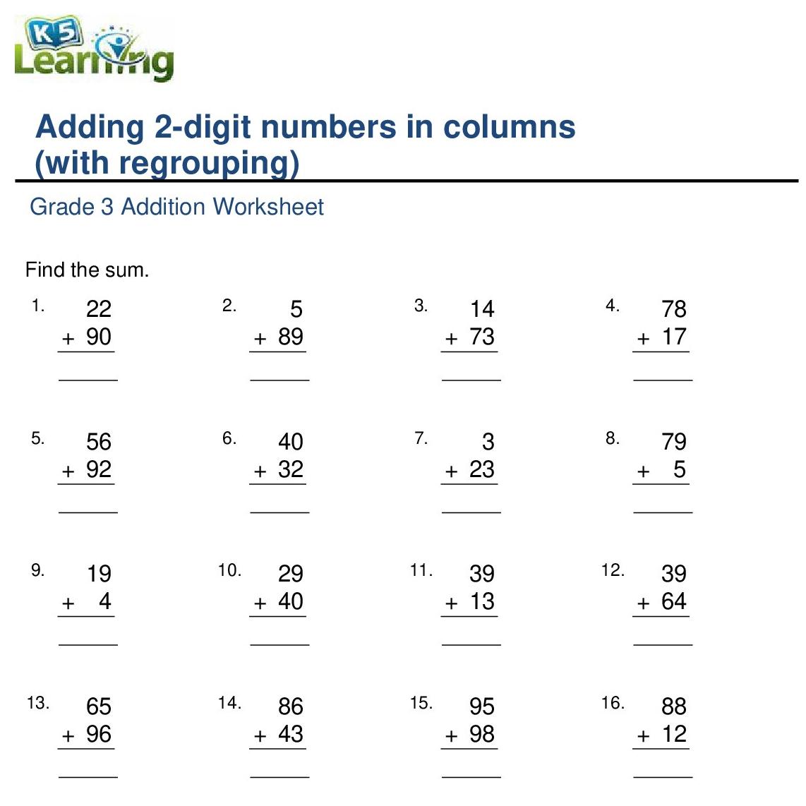 Grade 3 Addition Worksheet - Adding 2-digit numbers in columns